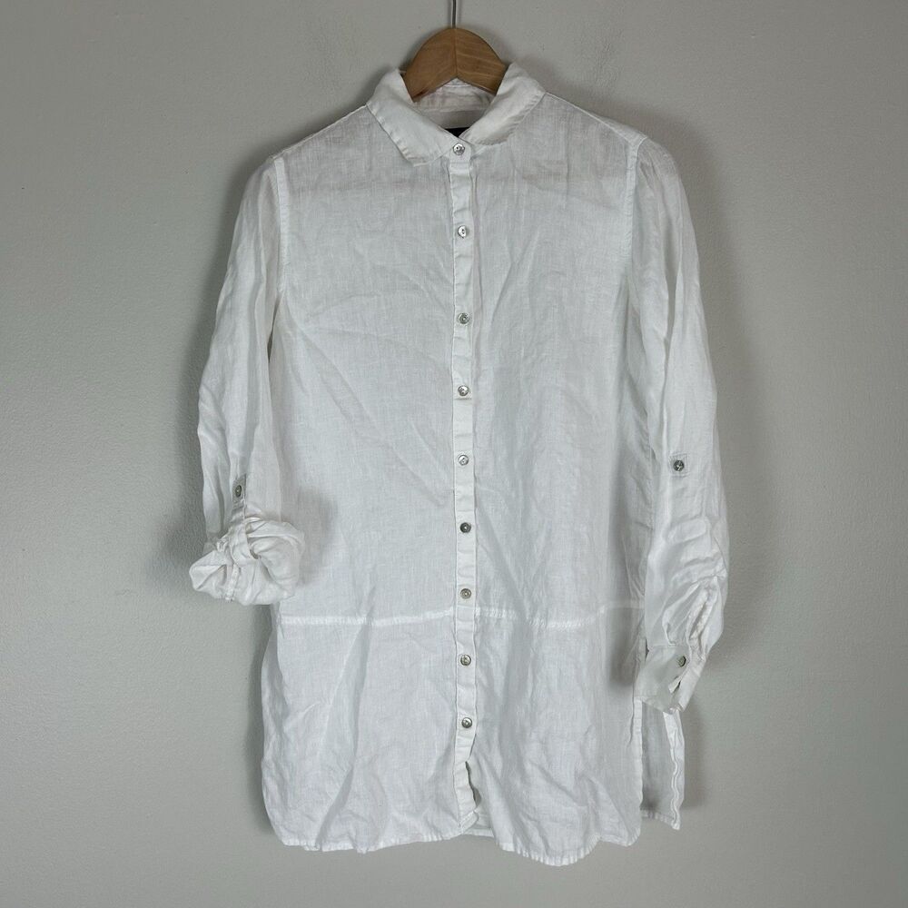 Tahari XS 100% Linen Shirt Top Tunic Roll Tab Sleeve Button Up Front Beach White